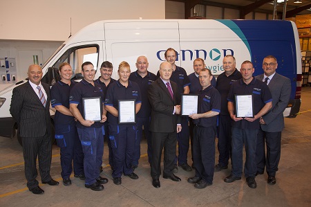 The Cannon Hygiene UK team from Belfast, who were the first to complete the new 12-week training programme and achieve certification status. The Cannon Hygiene UK team from Belfast, who were the first to complete the new 12-week training programme and achieve certification status.